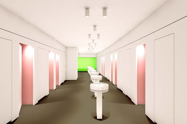 トイレは個室の壁に色が付けられ、使用中か否かが分かる造りに